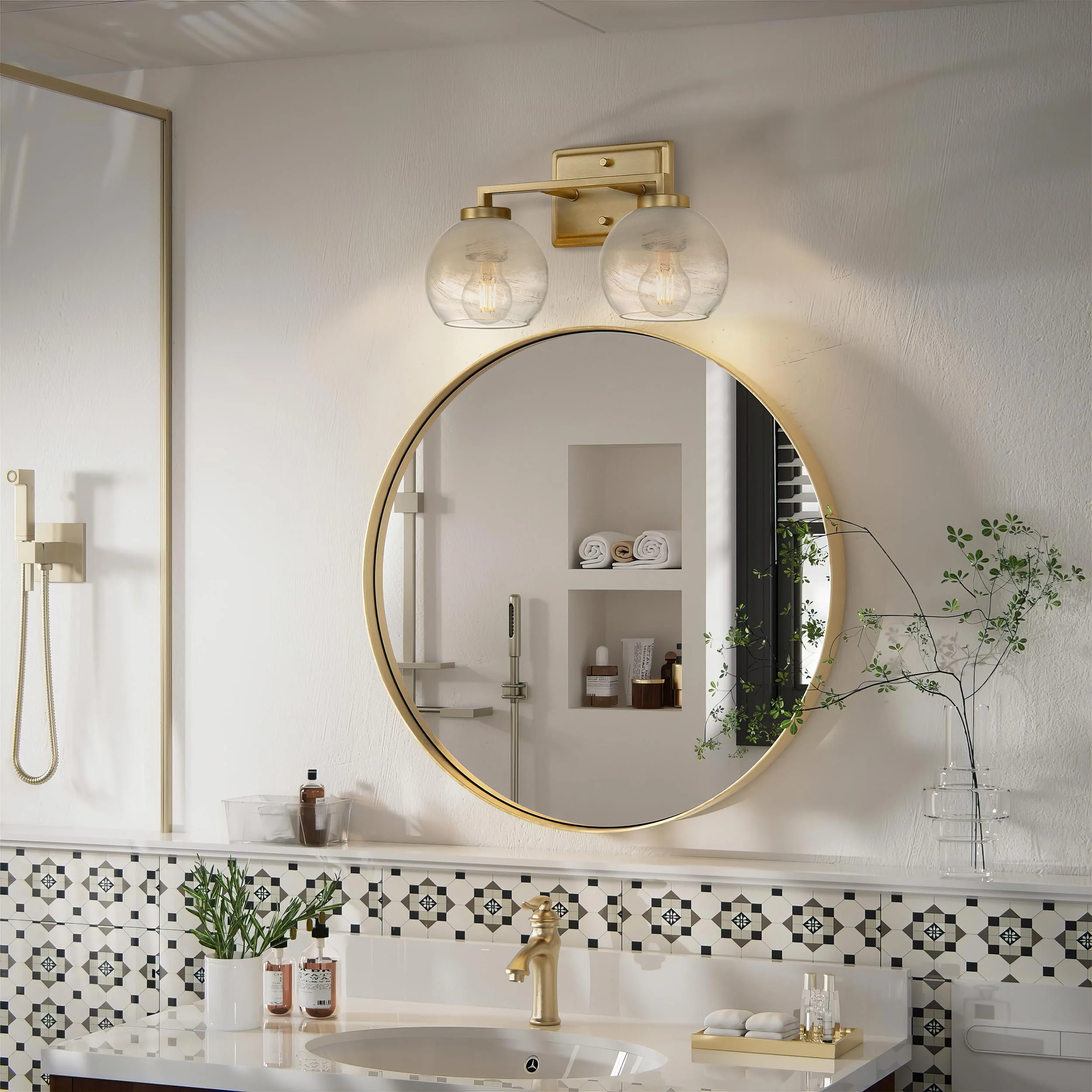 Elliott 2-light Vanity in Brushed Champagne Brass and Clear Alabaster Glass - Image 5