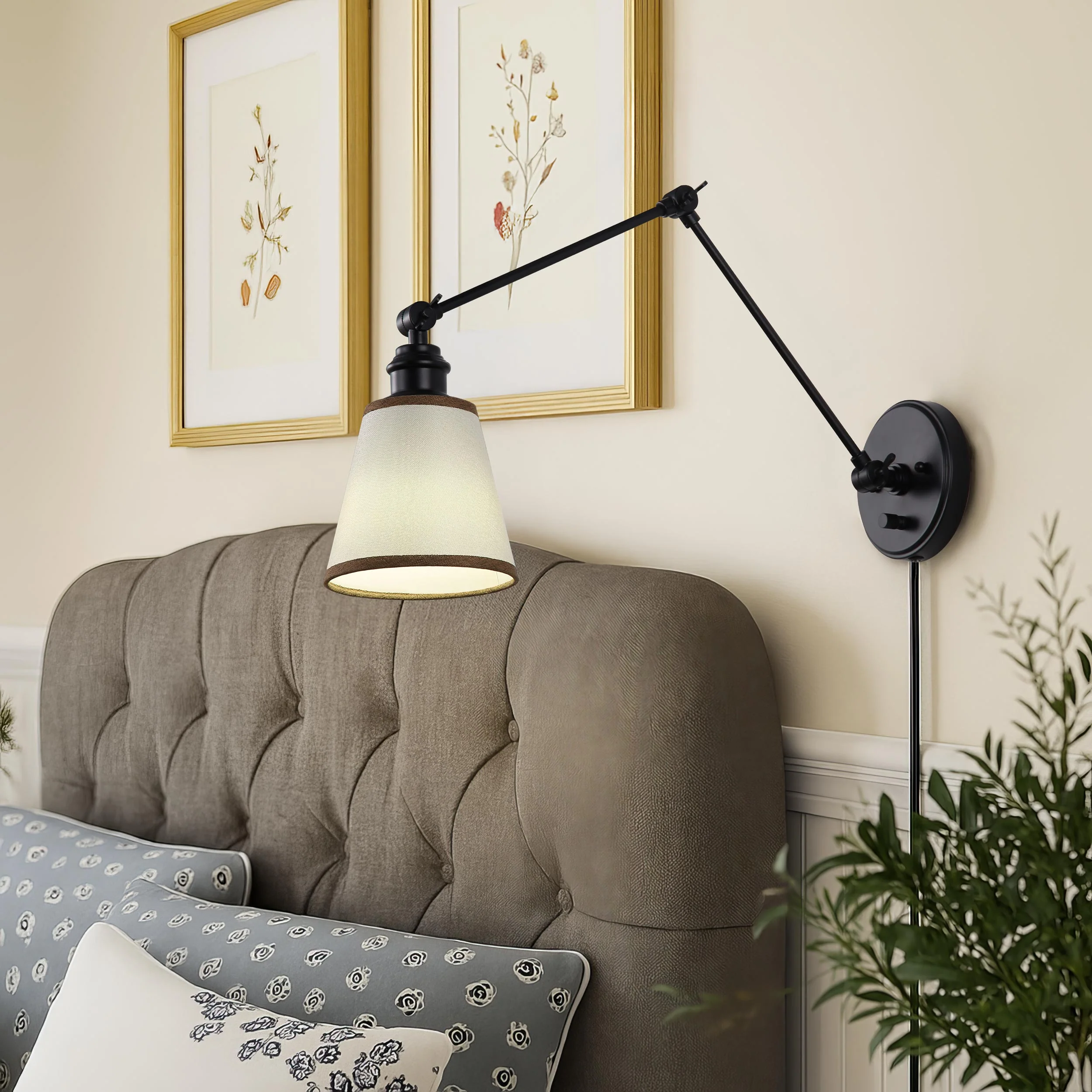 Equinox 1-light Swing Arm Wall Lamp with Brown Trim shade - Image 6