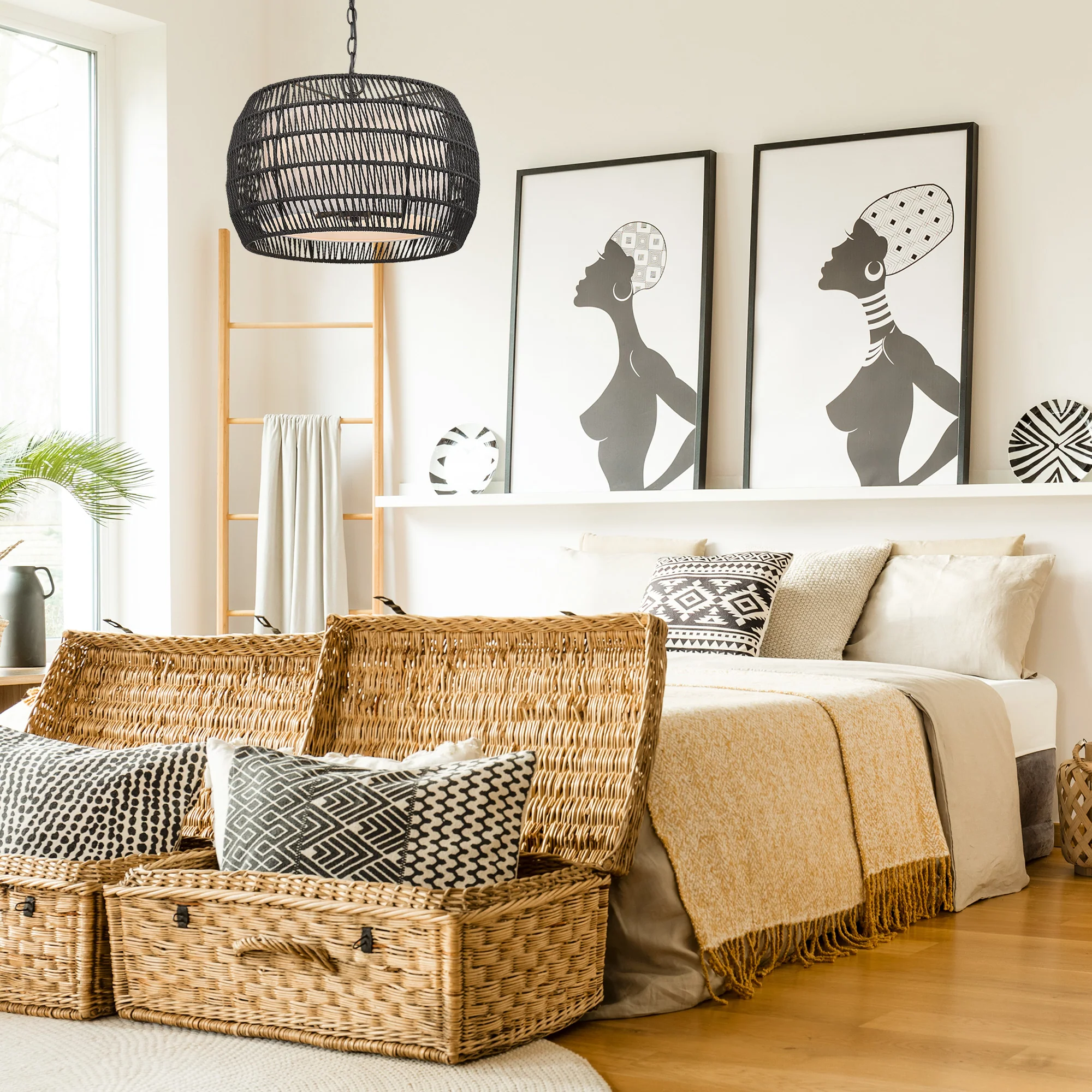 Everly 4-light Pendant in Matte Black and Modern Black Rattan shade - Image 7