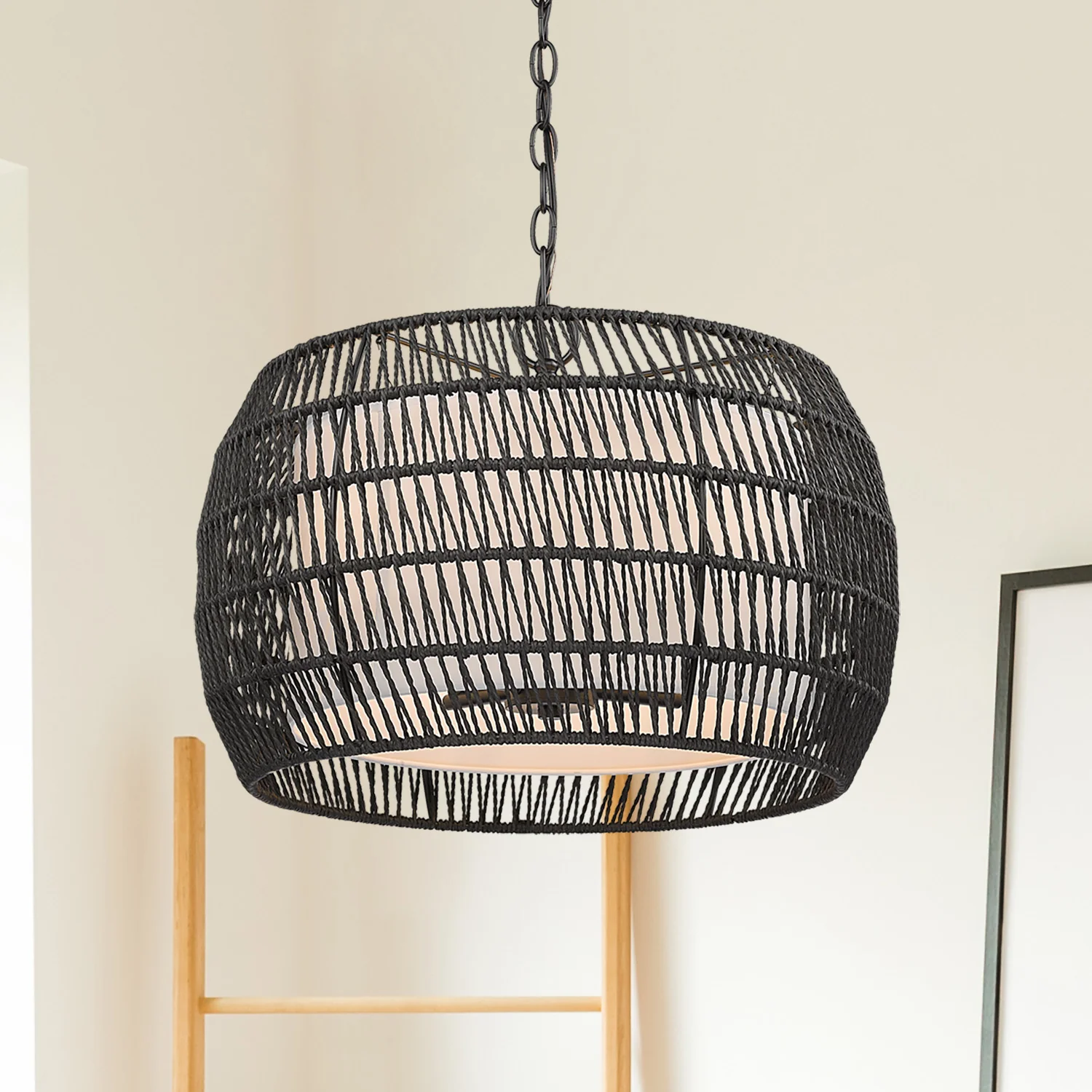 Everly 4-light Pendant in Matte Black and Modern Black Rattan shade - Image 8