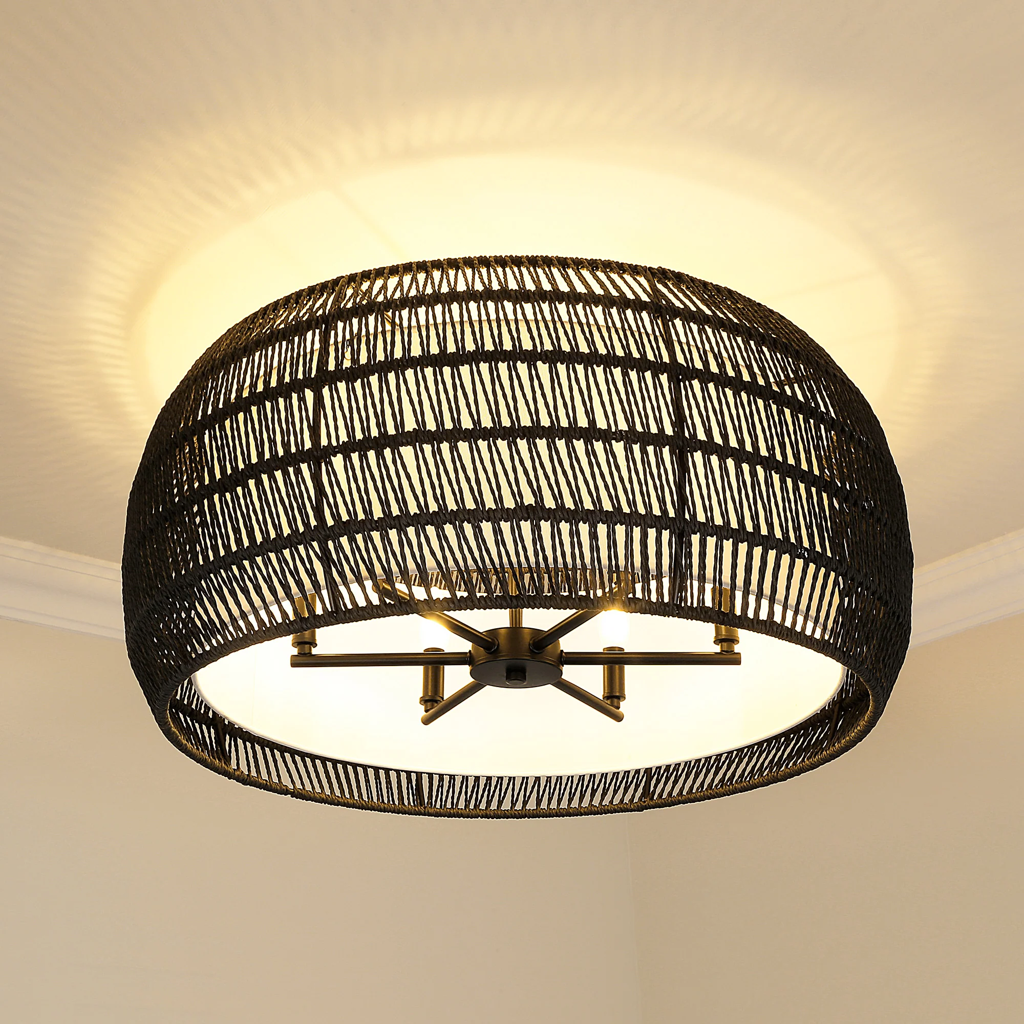 Everly 6-light Semi-Flush Mount in Matte Black and Modern Black Rattan shade - Image 6