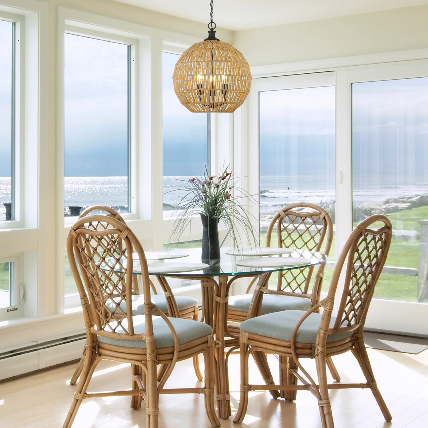 Florence 3-light Pendant in Matte Black and Natural Raphia Rope Shade - Image 4