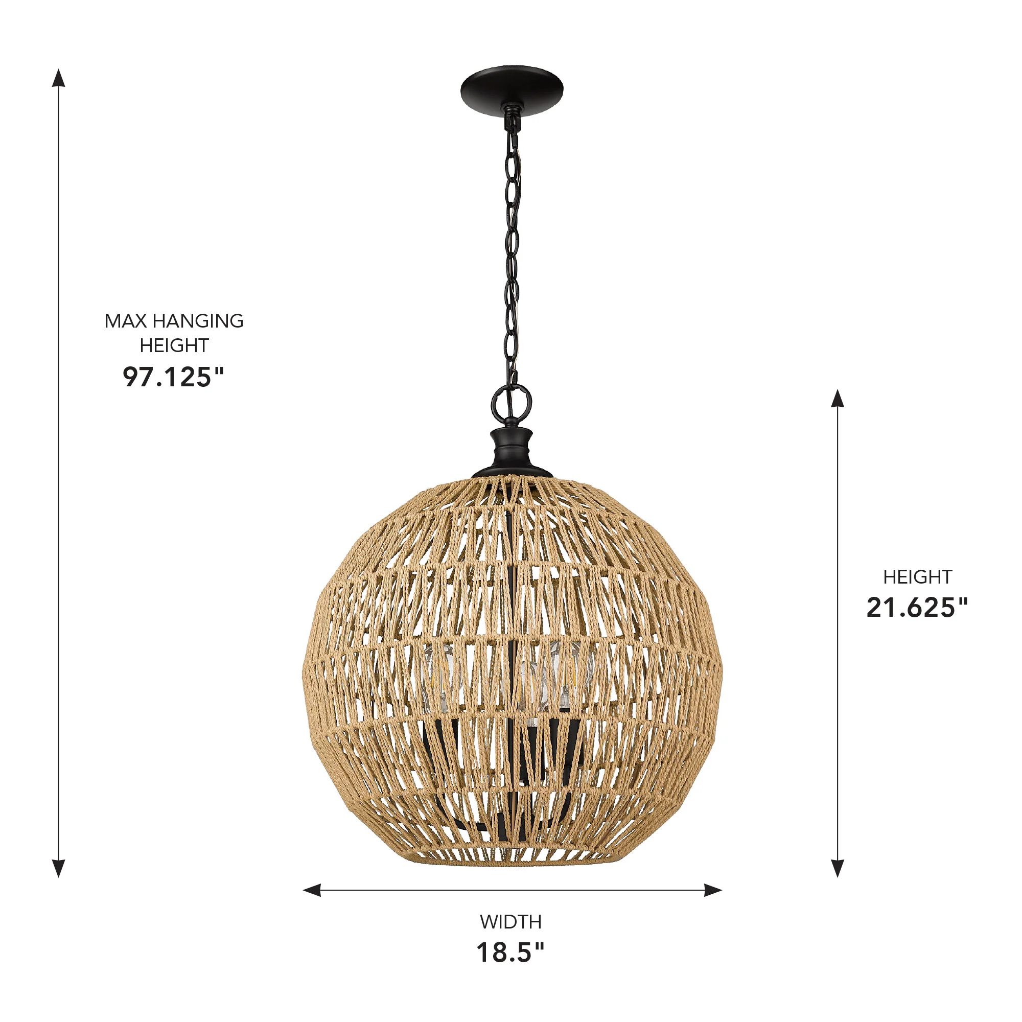 Florence 3-light Pendant in Matte Black and Natural Raphia Rope Shade - Image 5