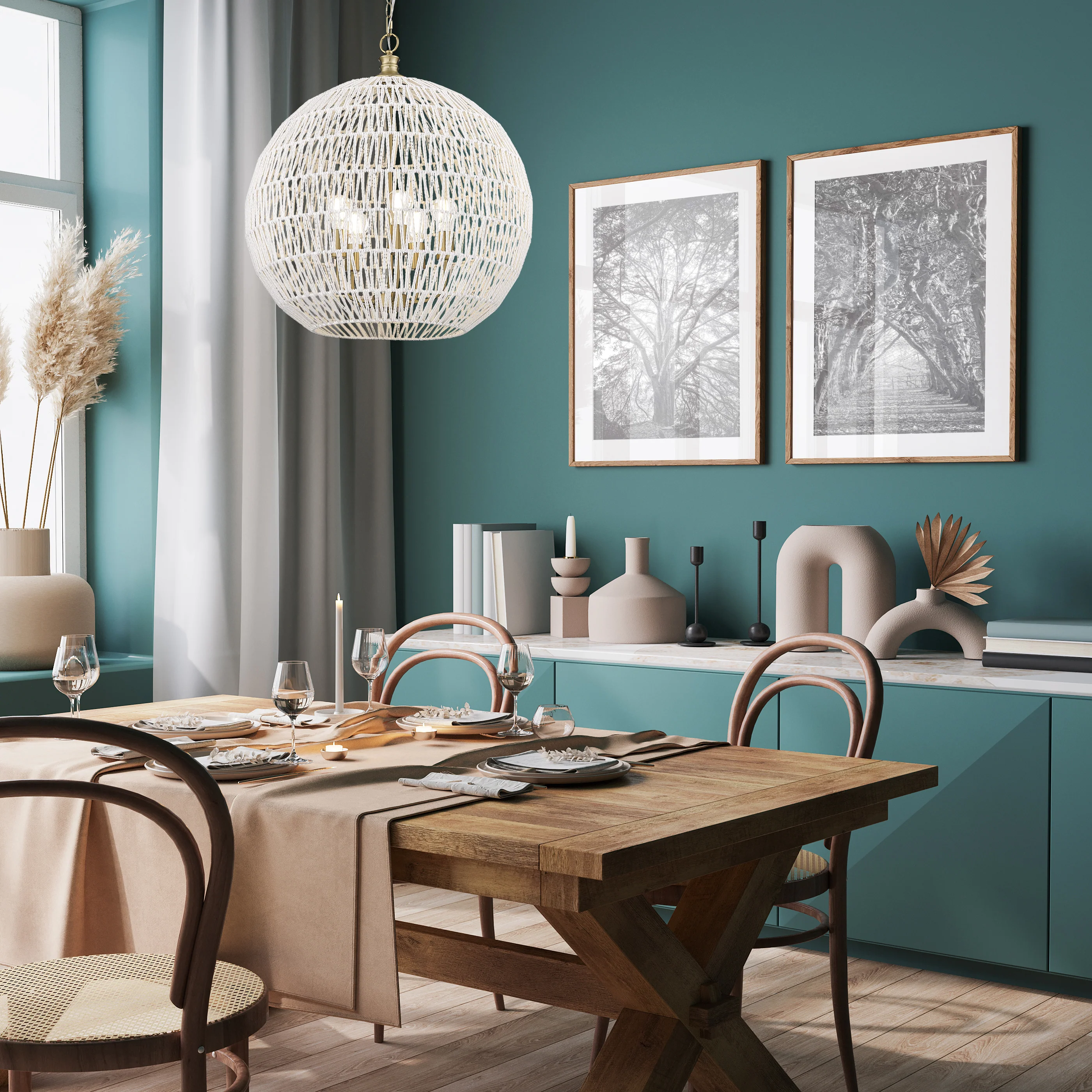 Florence 5-light Pendant in Brushed Champagne Brass and White Raphia Rope Shade - Image 6