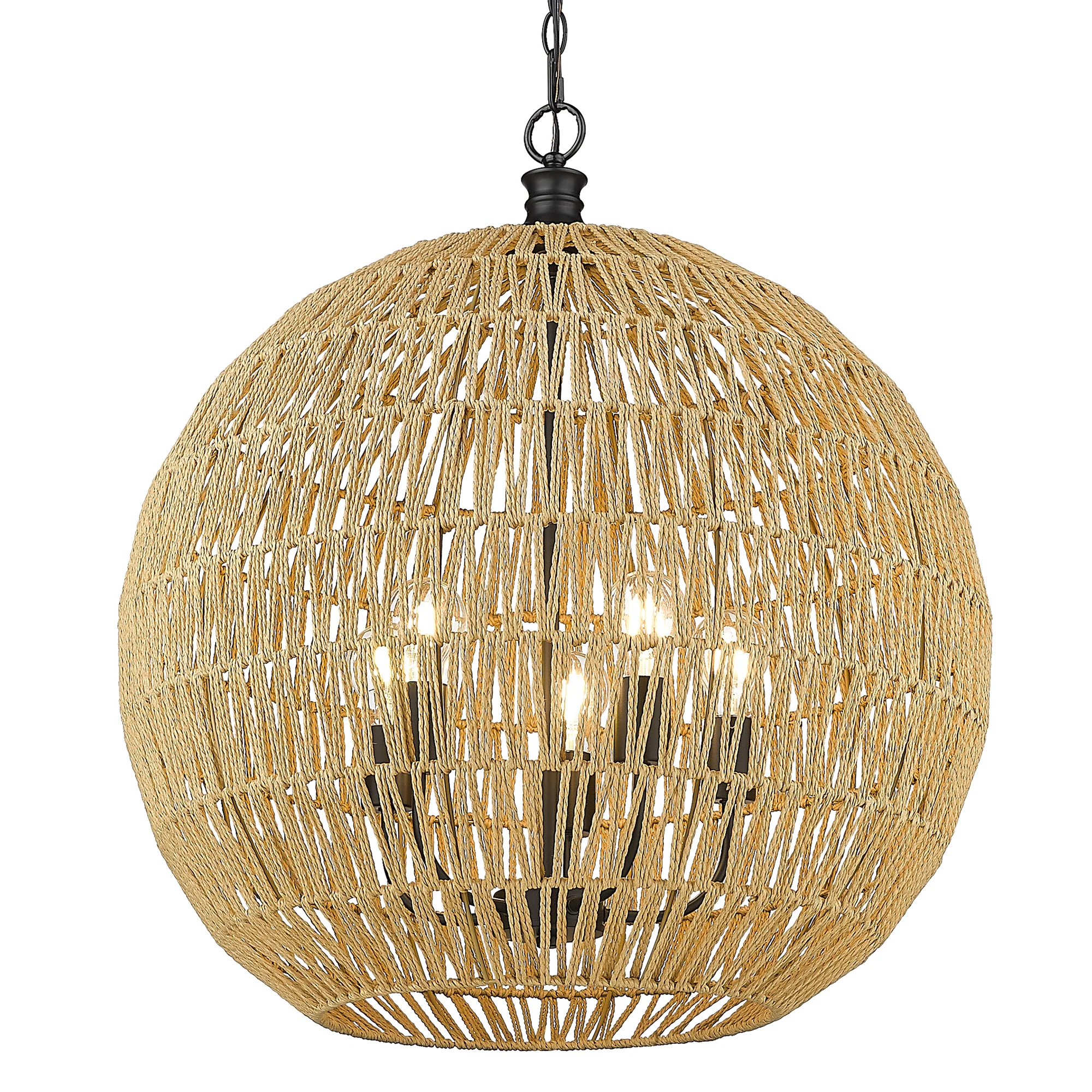 Florence 5-light Pendant in Matte Black and Natural Raphia Rope Shade