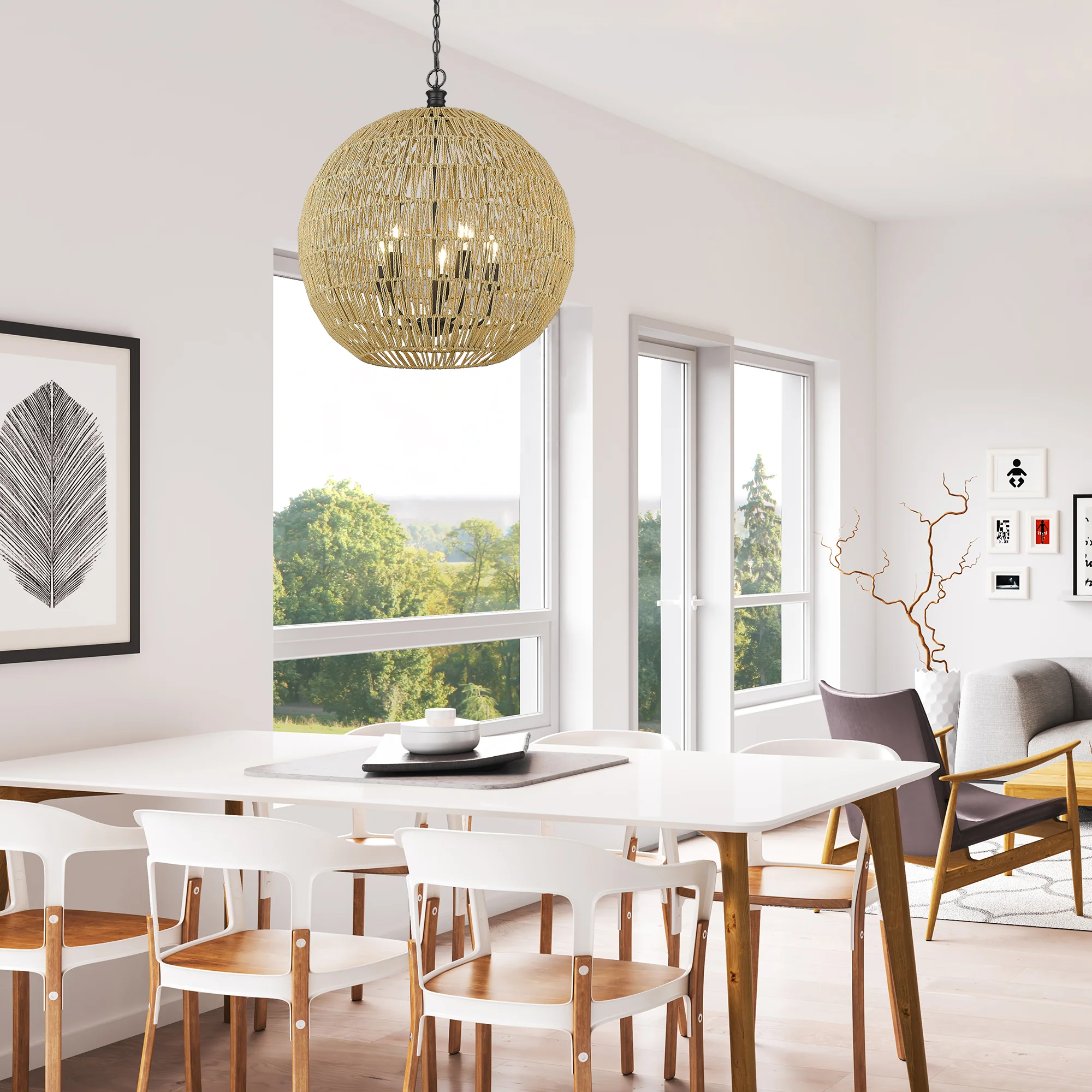 Florence 5-light Pendant in Matte Black and Natural Raphia Rope Shade - Image 5