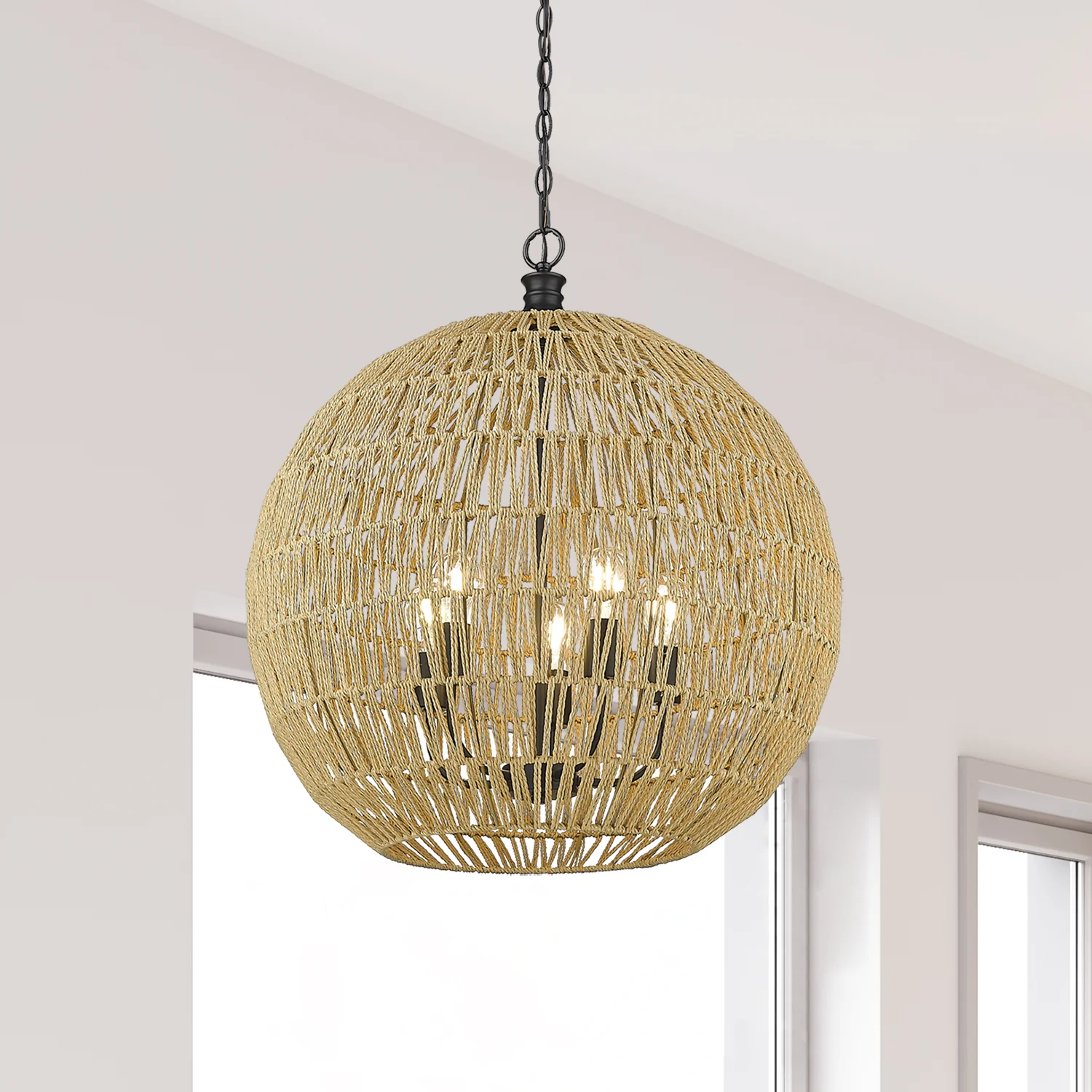Florence 5-light Pendant in Matte Black and Natural Raphia Rope Shade - Image 6