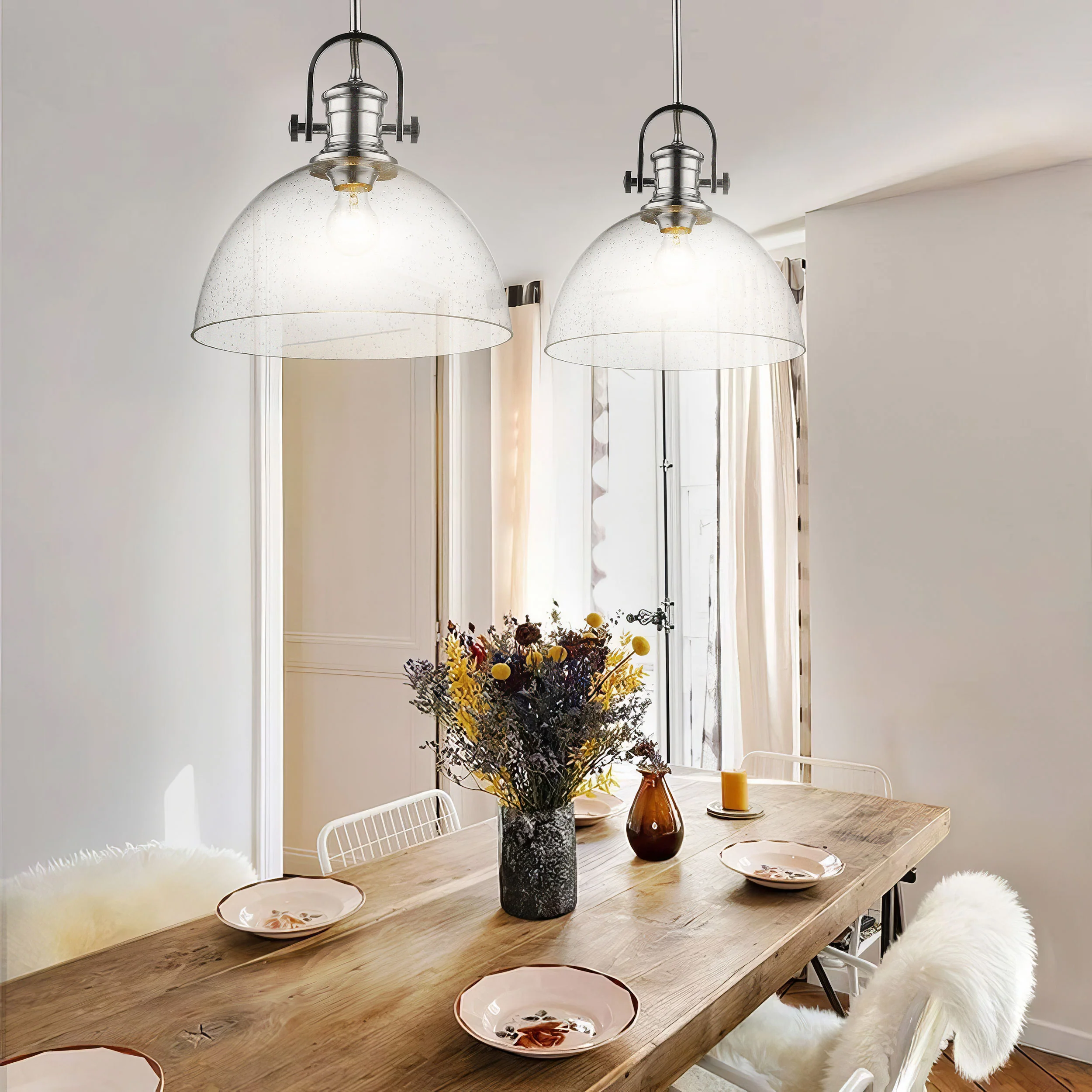 Hines 1-light 14in Pendant in Chrome and Seeded Glass - Image 4