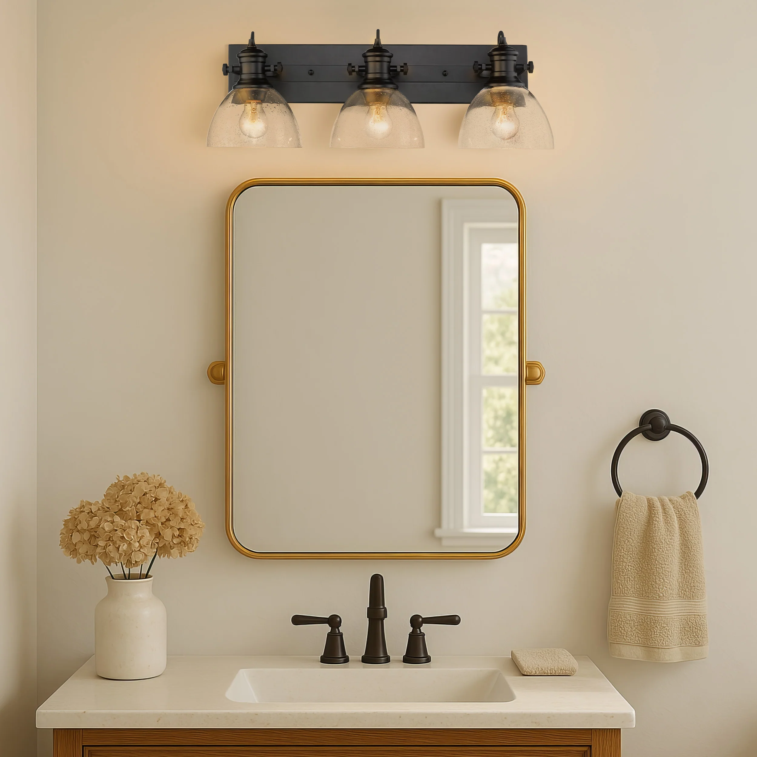 Hines 3-light Vanity in Matte Black and Seeded Glass - Image 4