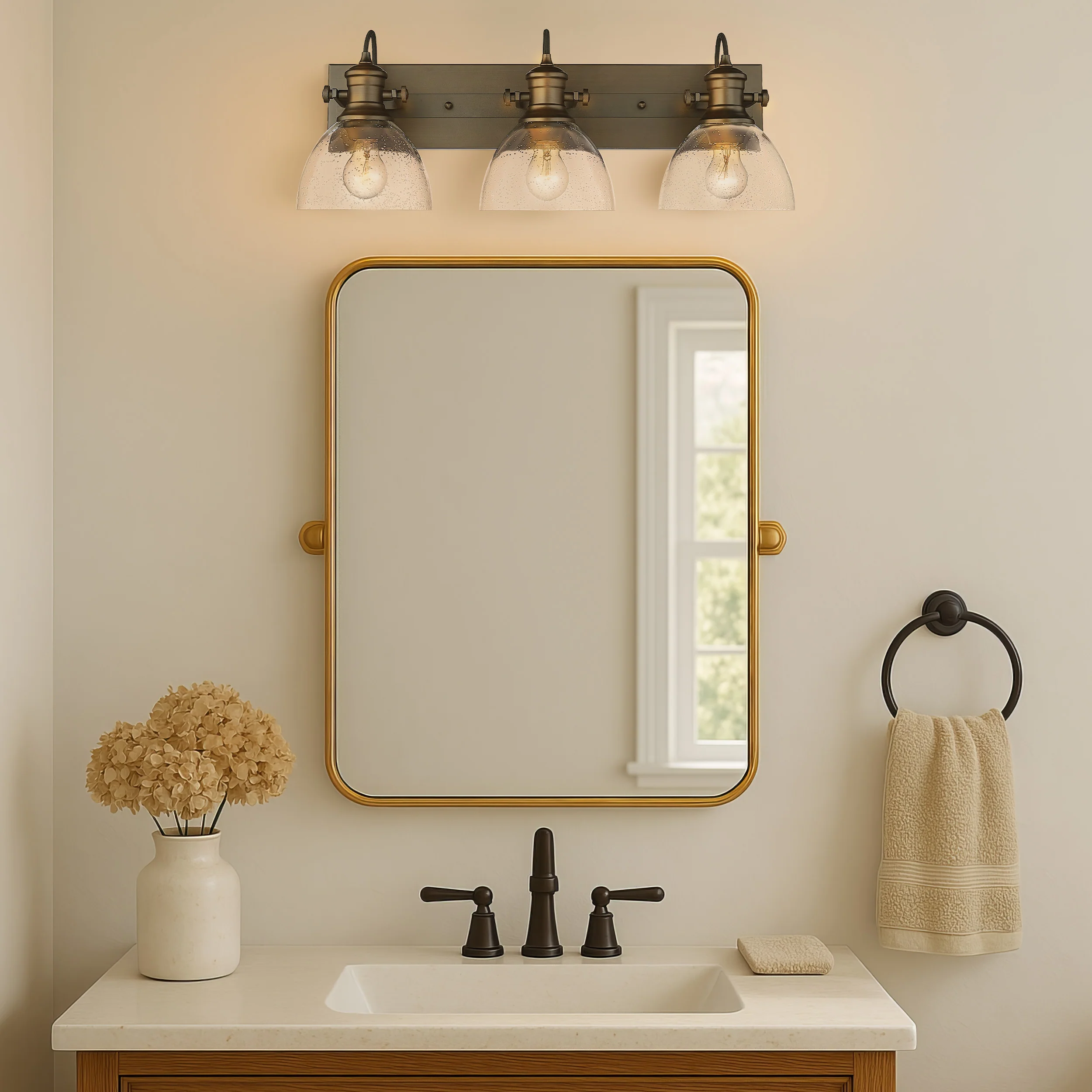 Hines 3-light Vanity in Rubbed Bronze and Seeded Glass - Image 4