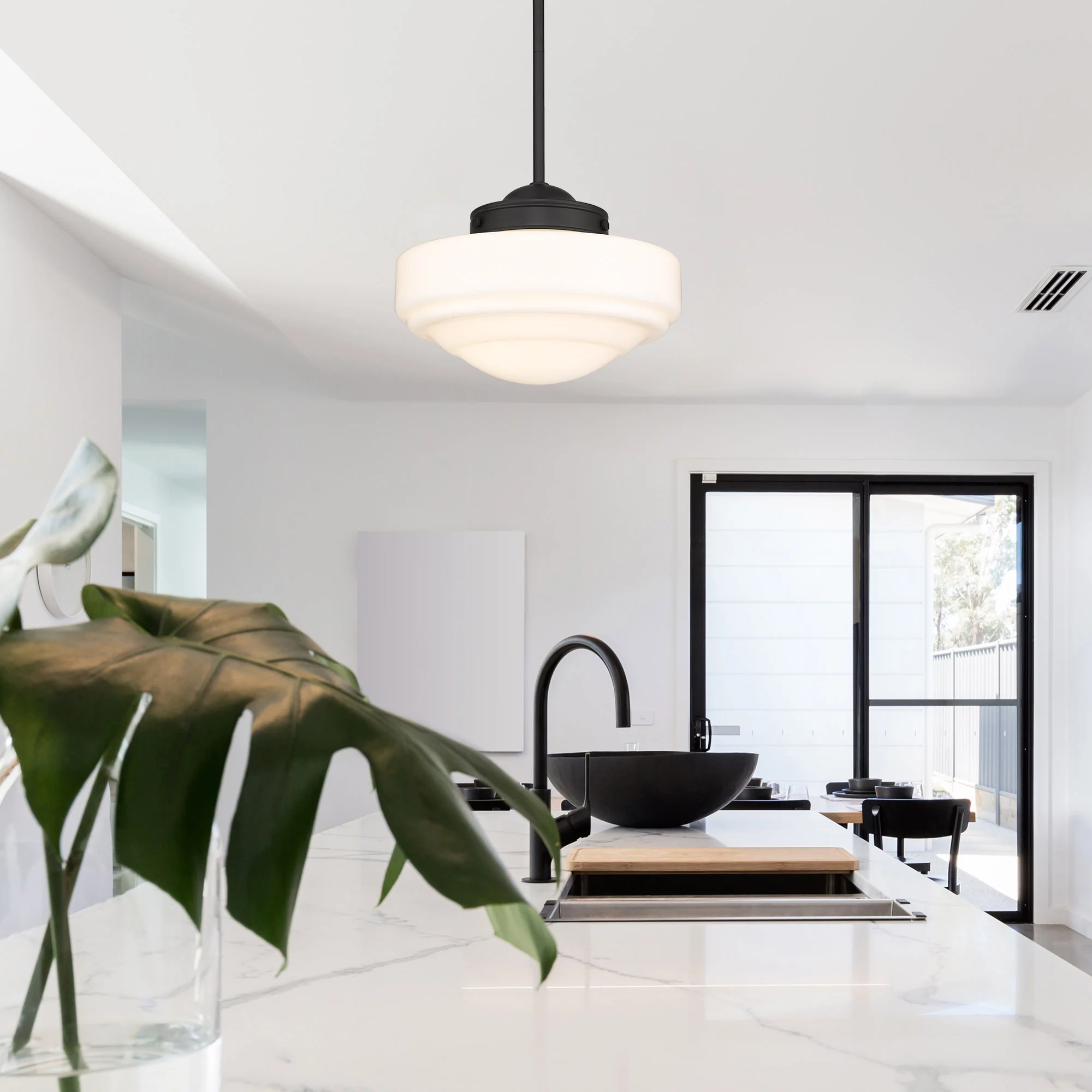 Ingalls 1-light 12in Pendant in Matte Black and Vintage Milk Glass - Image 3