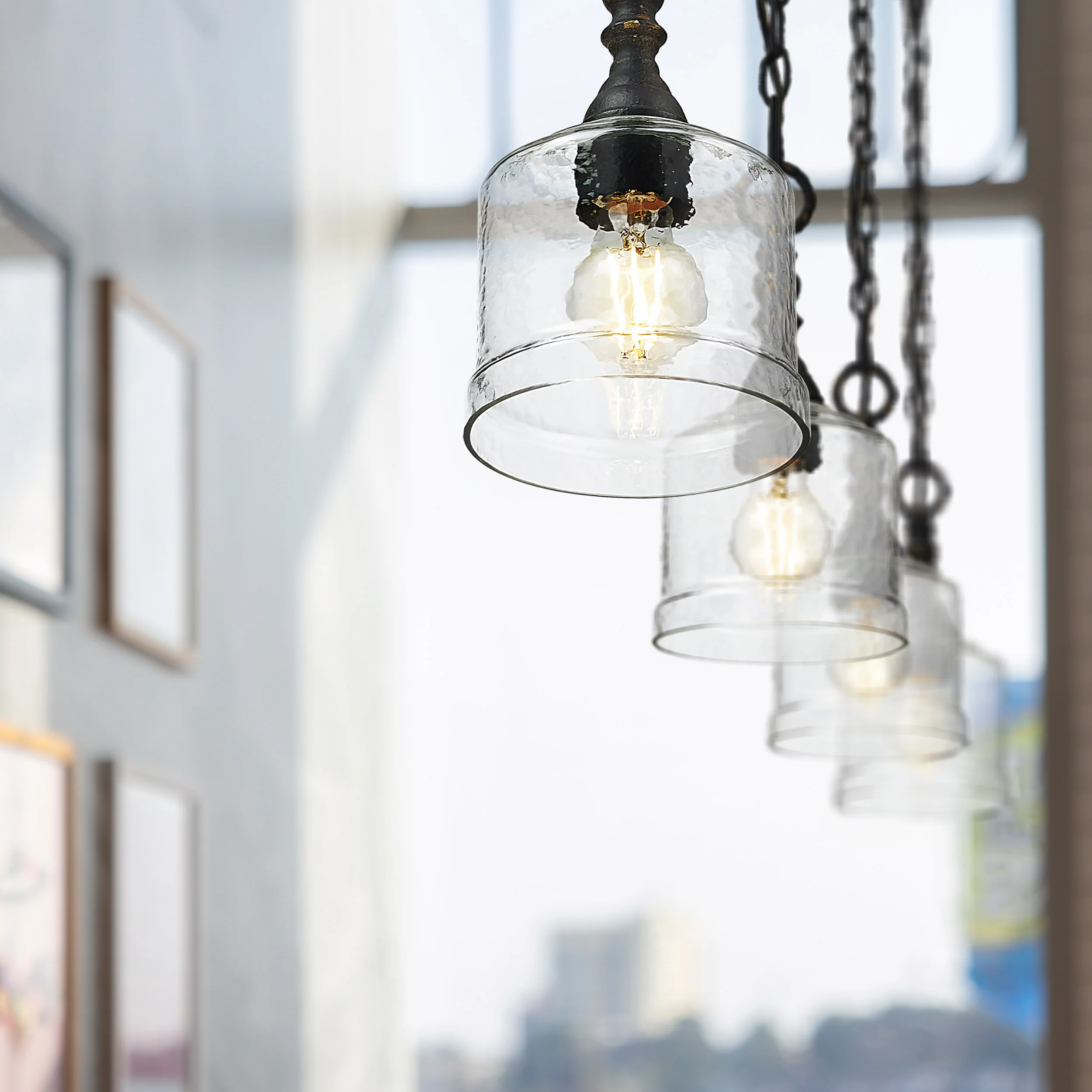 Keating 1-light Pendant in Antique Black Iron and Hammered Water Glass - Image 3