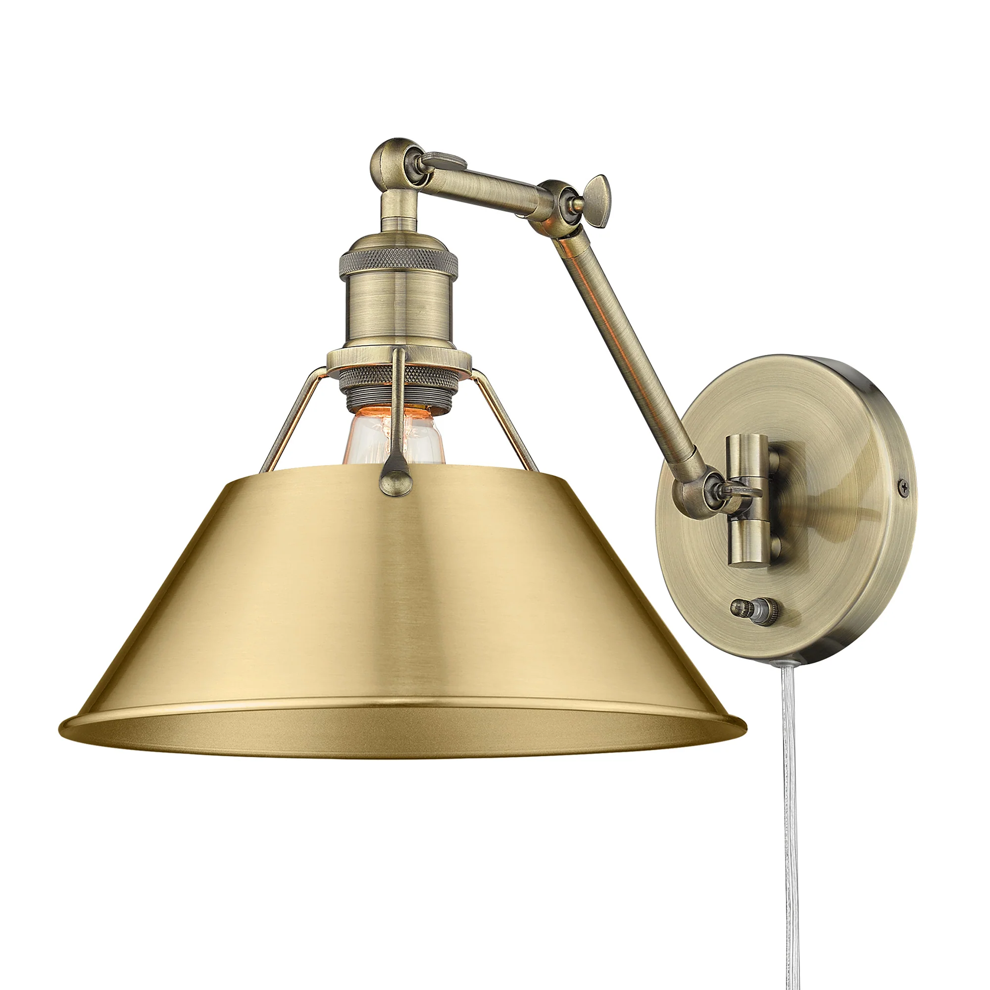 Orwell 1-light Swing Arm in Aged Brass and Brushed Champagne Brass shade