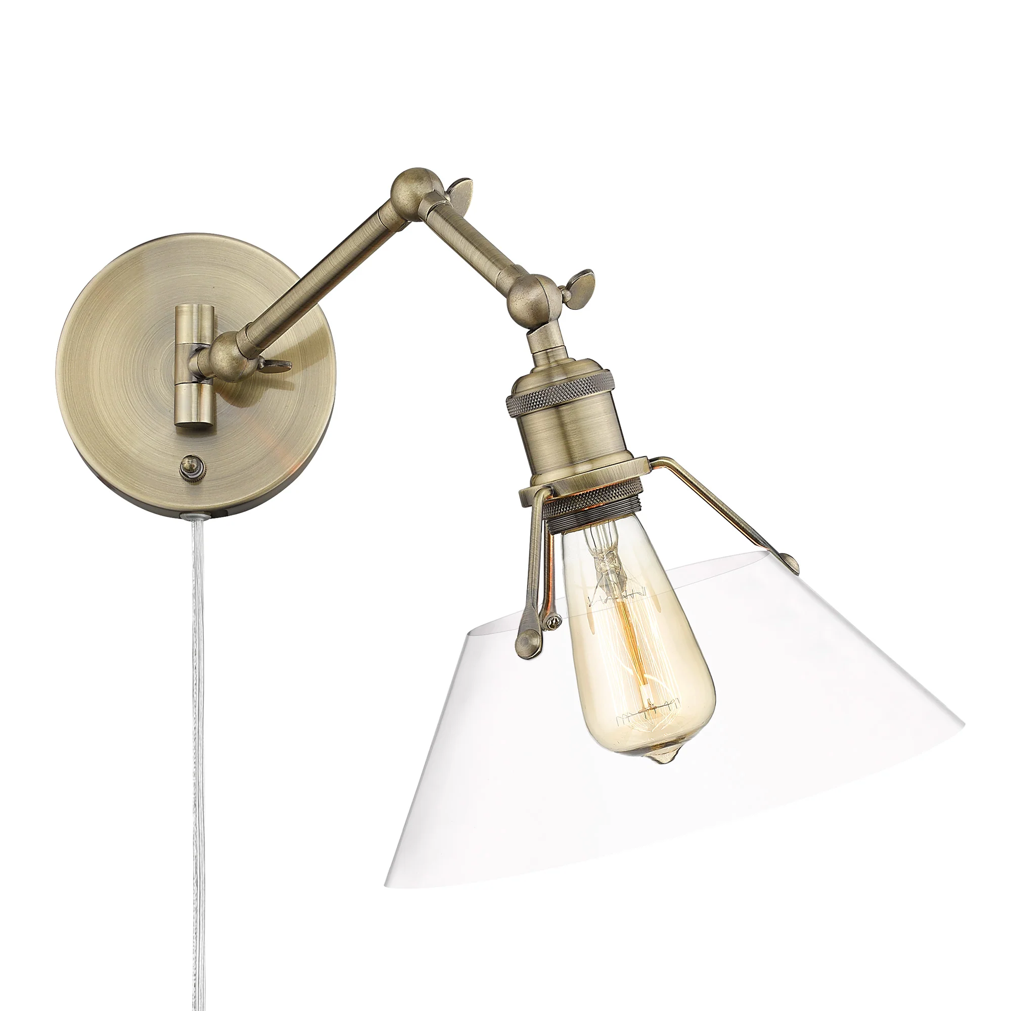 Orwell 1-light Swing Arm Wall Lamp in Aged Brass and Clear Glass - Image 2