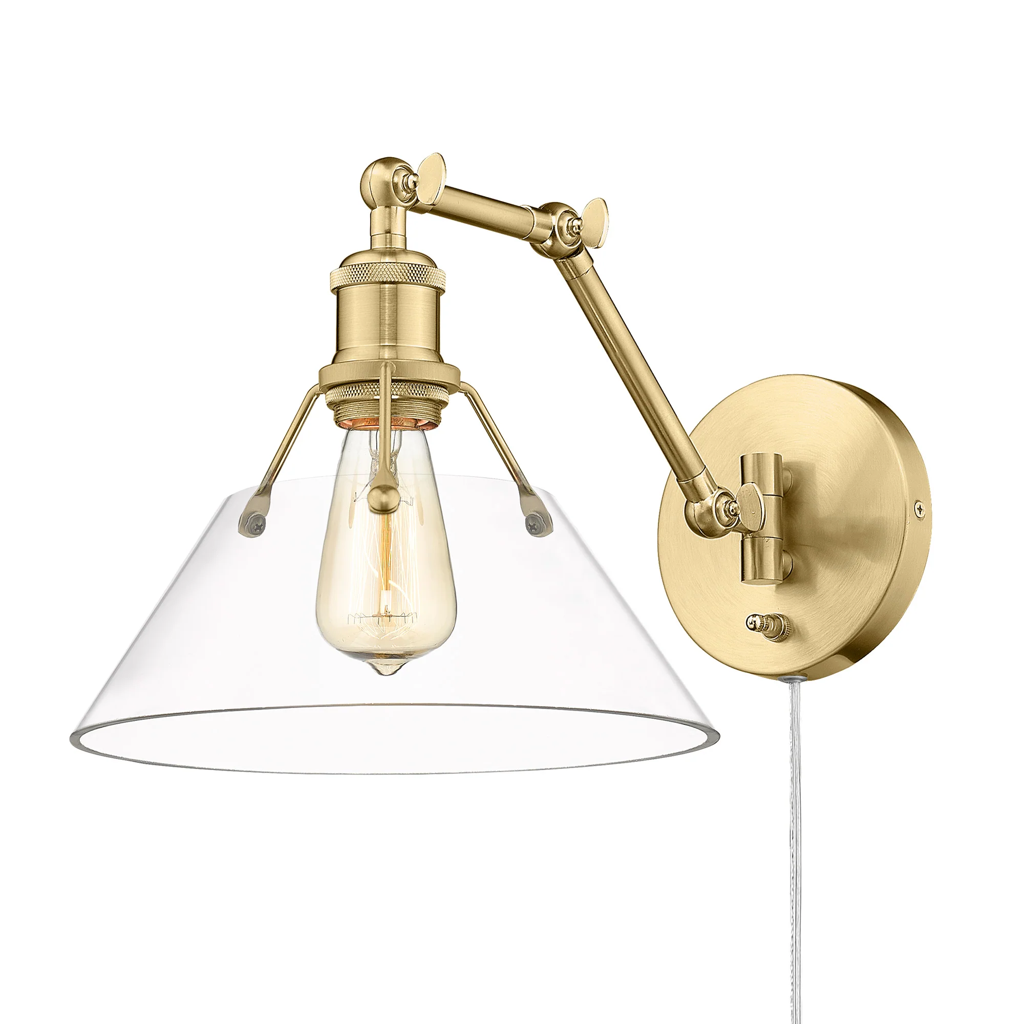 Orwell 1-light Swing Arm Wall Lamp in Brushed Champagne Brass and Clear Glass