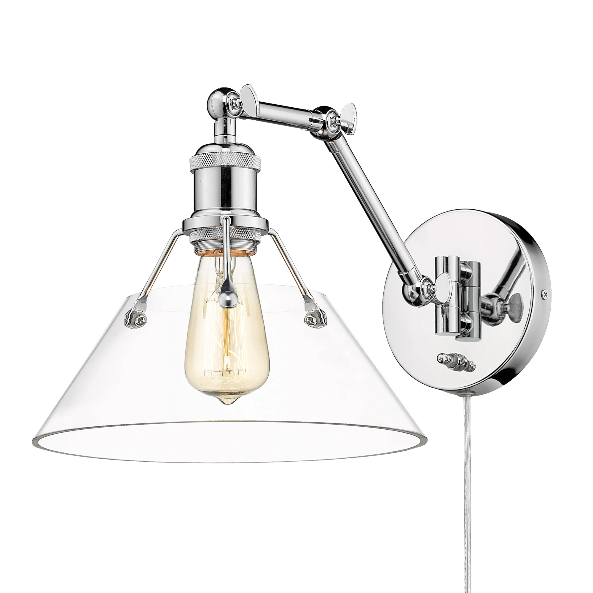 Orwell 1-light Swing Arm Wall Lamp in Chrome and Clear Glass