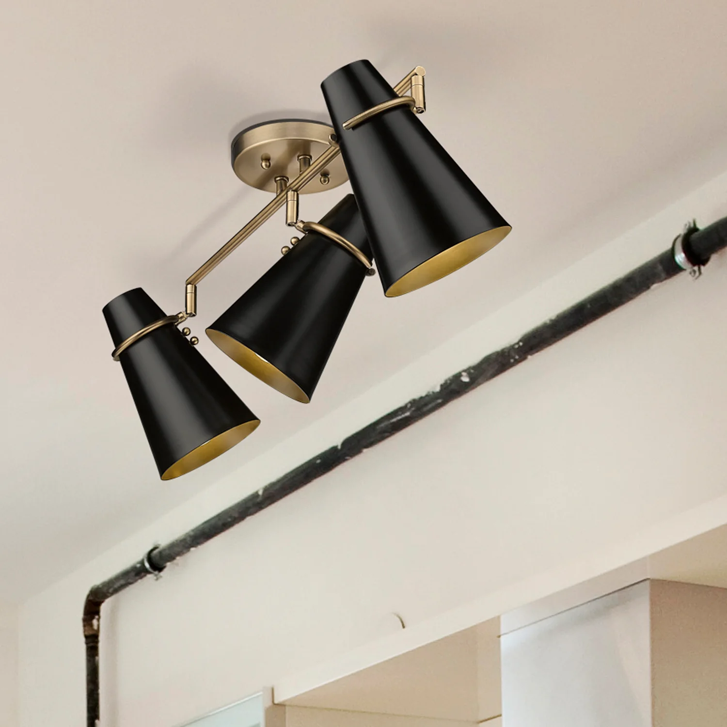 Reeva 3-light Semi-Flush Mount in Modern Brass and Matte Black shade - Image 8