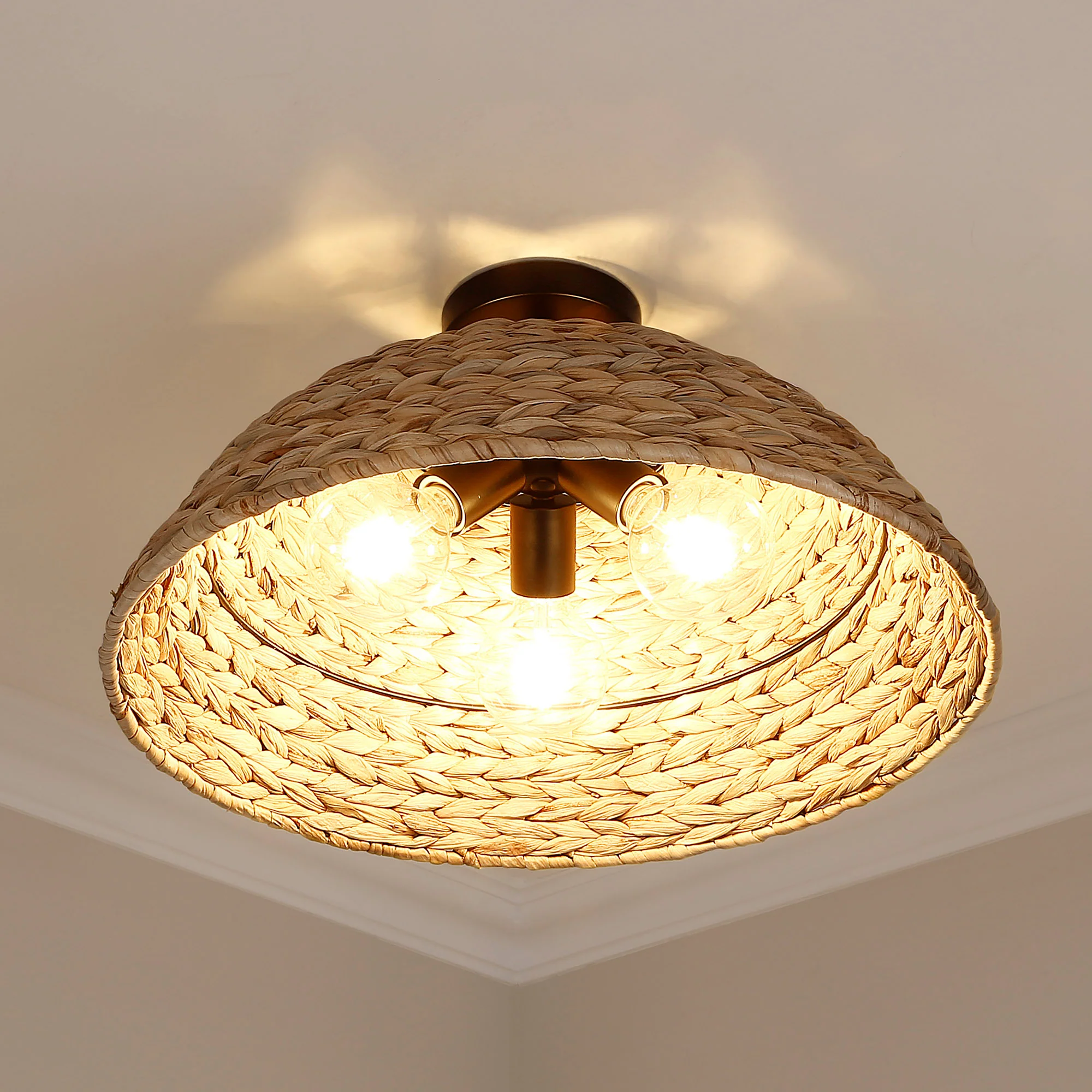 Rue 3-light Semi-Flush Mount in Matte Black and Woven Sweet Grass shade - Image 5