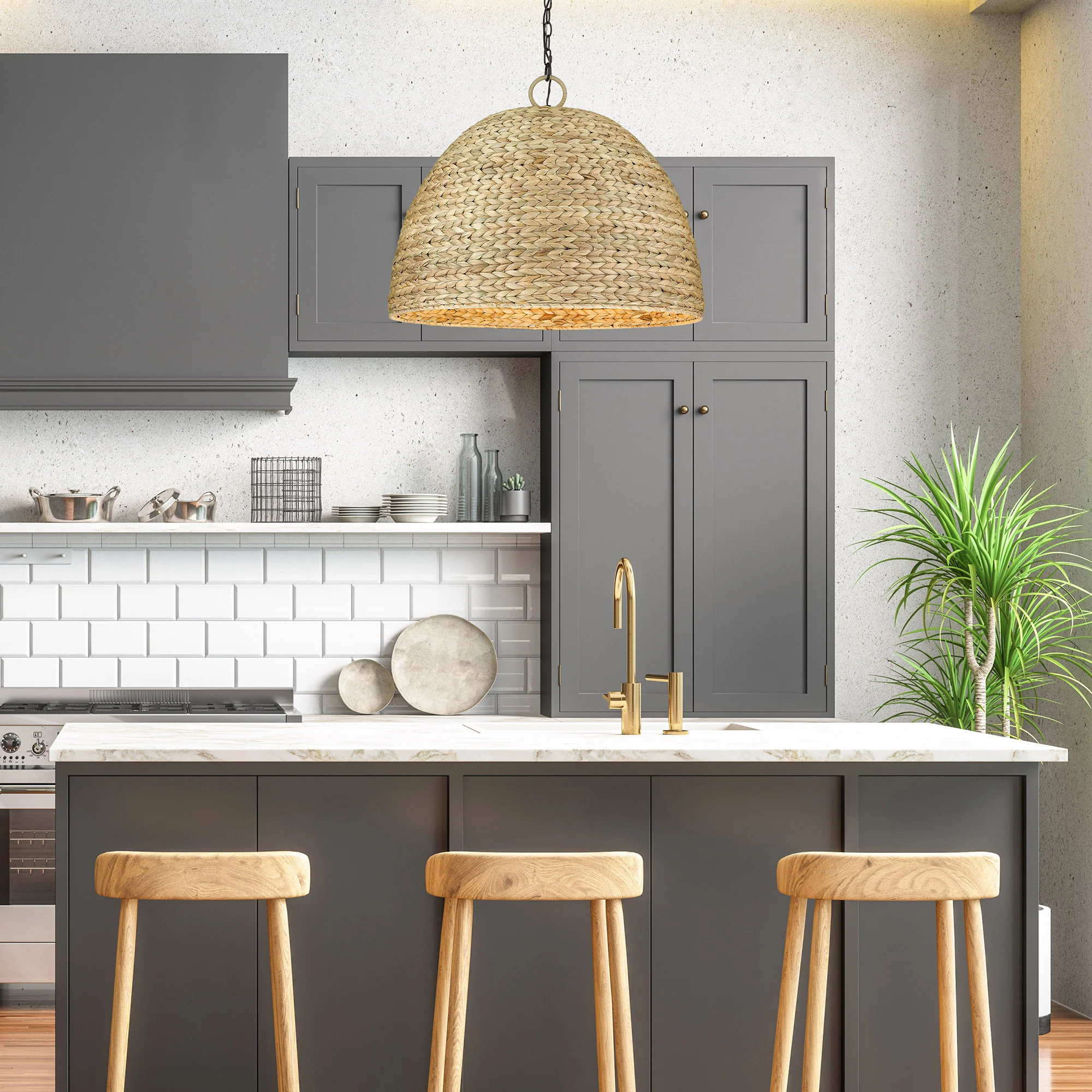 Rue 8-light Chandelier in Matte Black and Woven Sweet Grass shade - Image 6