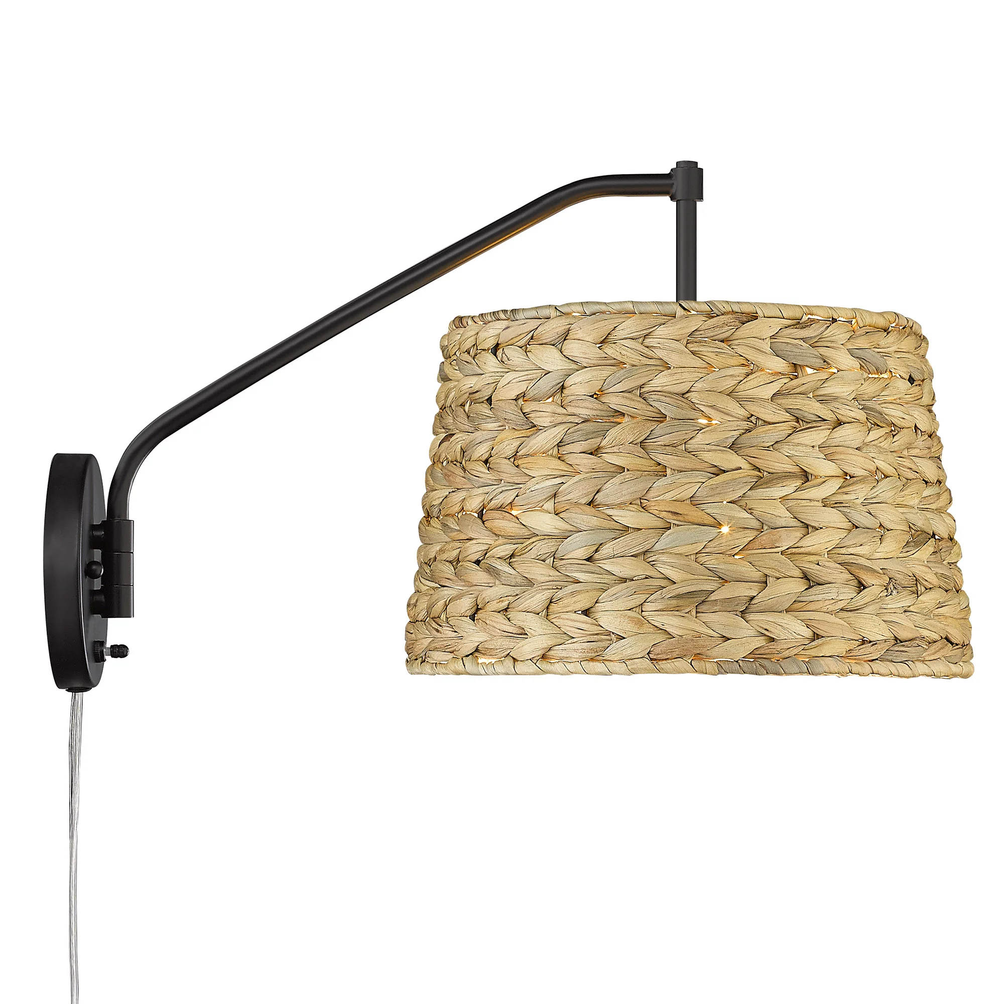 Ryleigh 1-light Swing Arm Wall Lamp in Matte Black and Woven Sweet Grass shade - Image 2