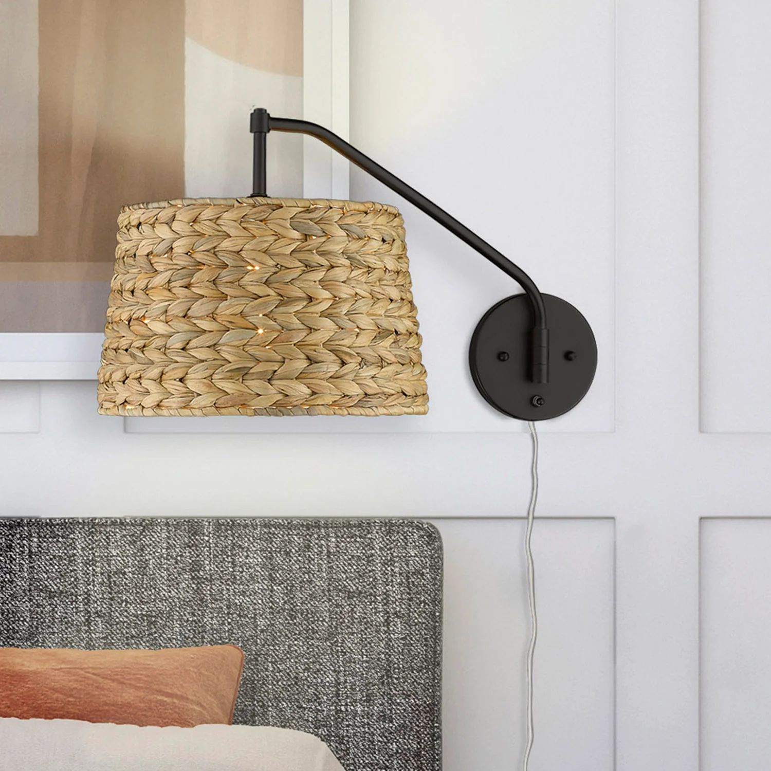Ryleigh 1-light Swing Arm Wall Lamp in Matte Black and Woven Sweet Grass shade - Image 8