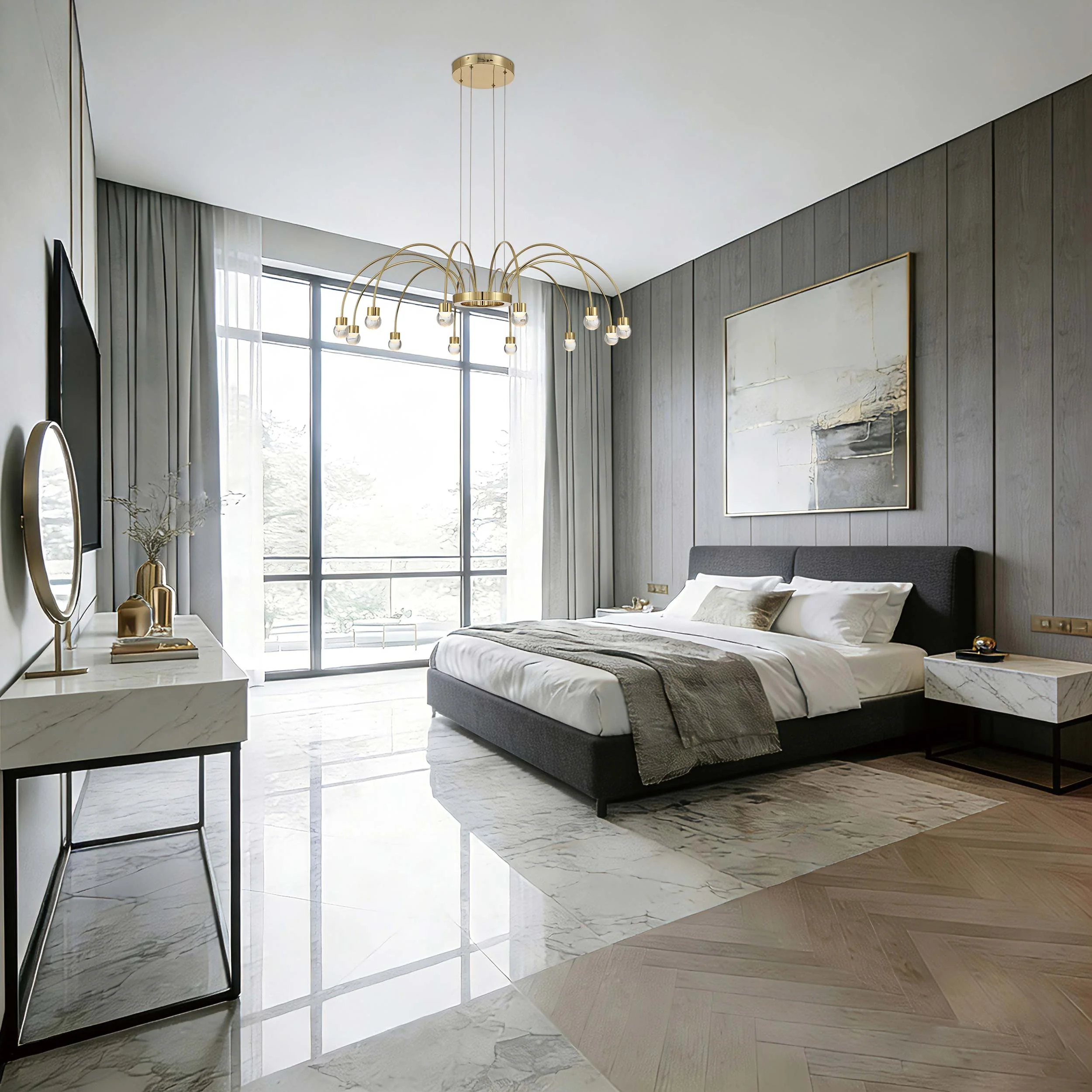 Vario Integrated LED 12 light Chandelier in Titanium Gold with Globe diffusers - Image 9